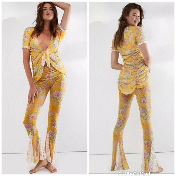 FREE PEOPLE X HOT AS HELL HAH ALL TIED UP SET FLARE PANT & TOP MARIGOLD Small